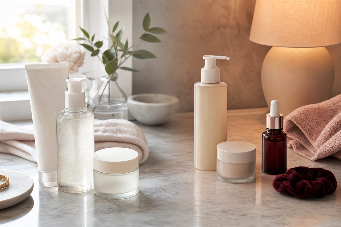 Morning and evening skincare products arranged in daylight and warm lamplight