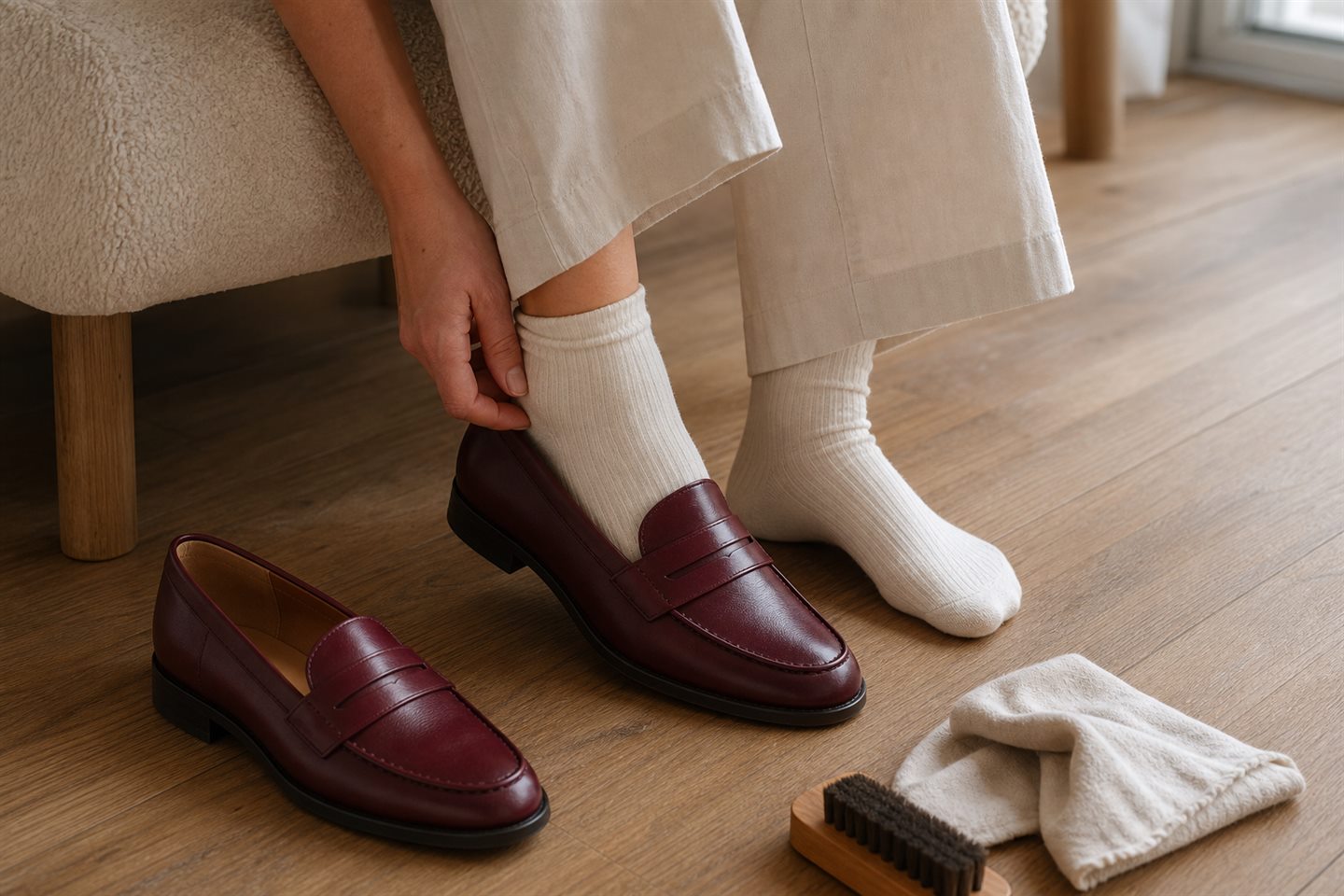 Woman trying on new burgundy loafers with socks and shoe-care items nearby