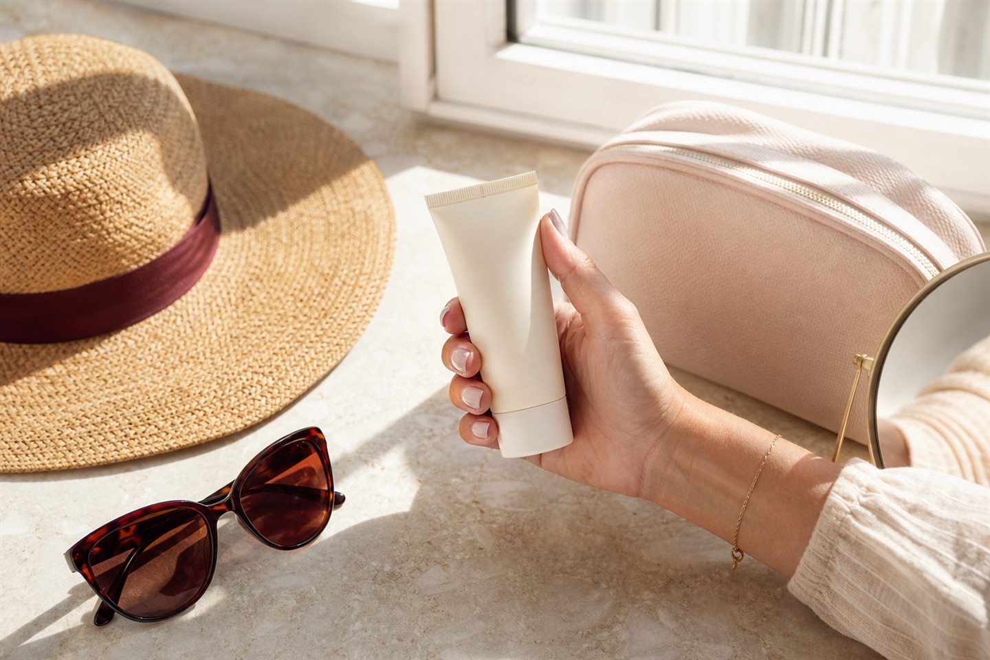 Woman holding daily sunscreen beside a hat, sunglasses and cosmetic pouch