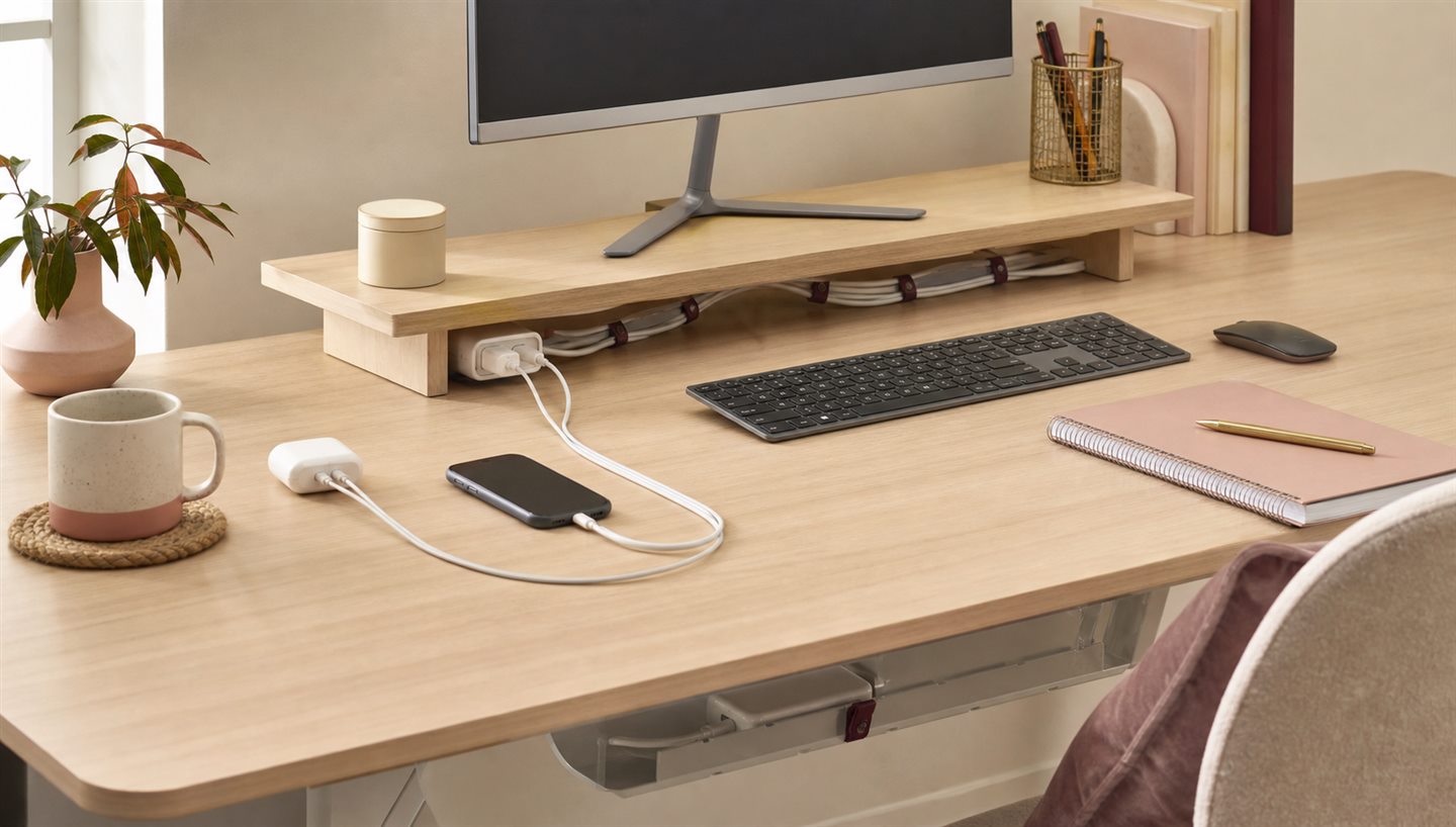 Calm home-office desk with neatly routed charging and monitor cables