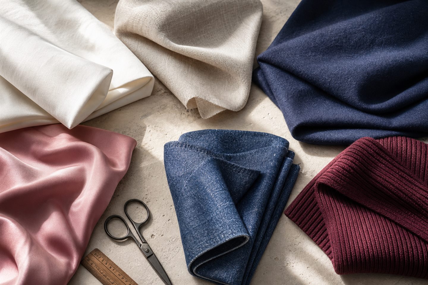 Cotton, linen, wool, silk, denim and ribbed knit fabrics arranged by texture
