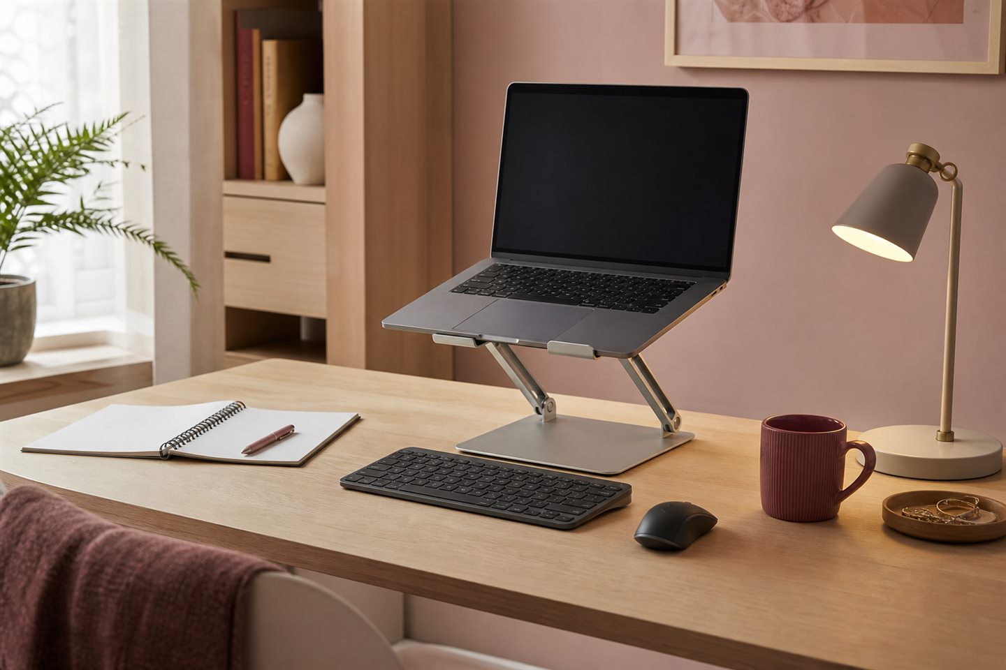 Laptop on an adjustable stand with a separate keyboard and mouse