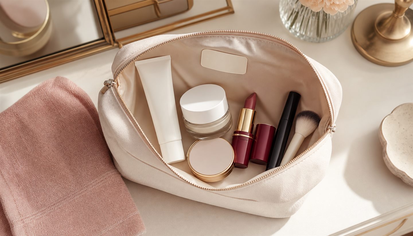 Open makeup bag with mascara, lipstick and skincare products