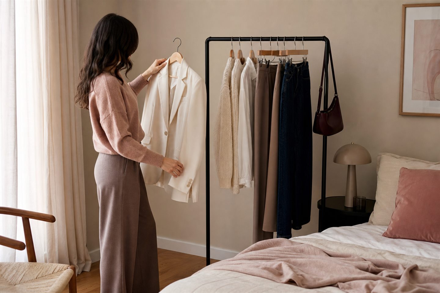 Woman choosing between a cream blazer, knitwear and everyday trousers