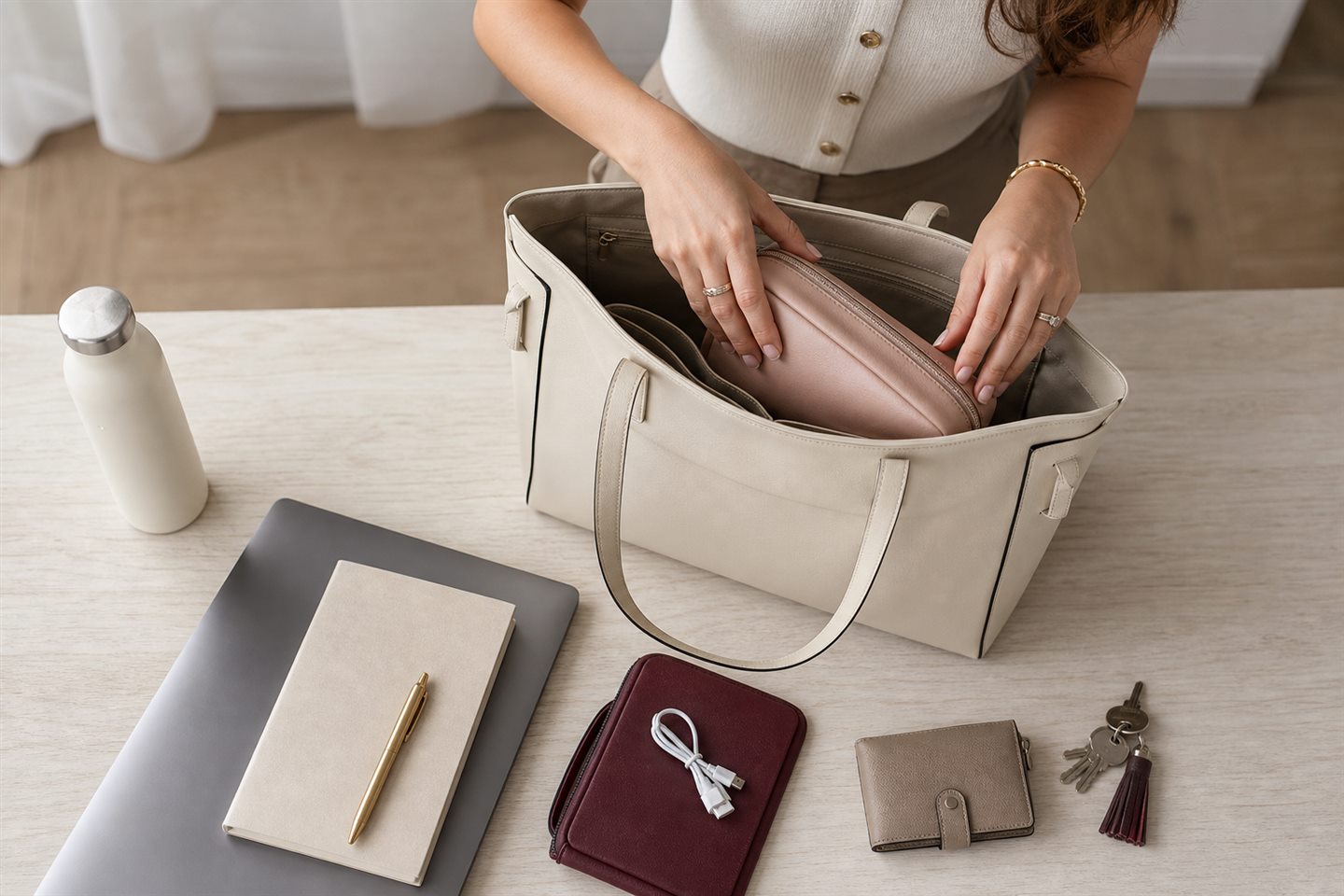 Woman organizing a work tote with pouches, notebook, laptop, keys and water bottle