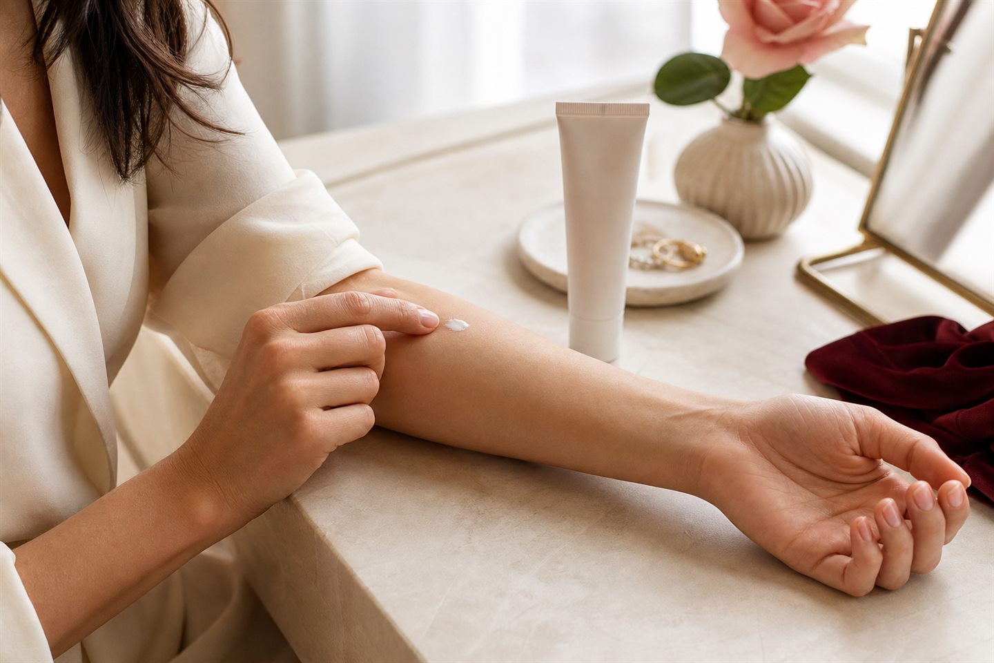 Woman applying a small amount of skincare cream to her inner forearm