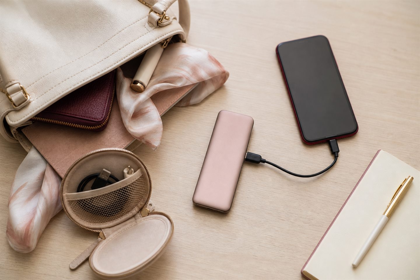 Slim portable charger connected to a phone beside an open handbag