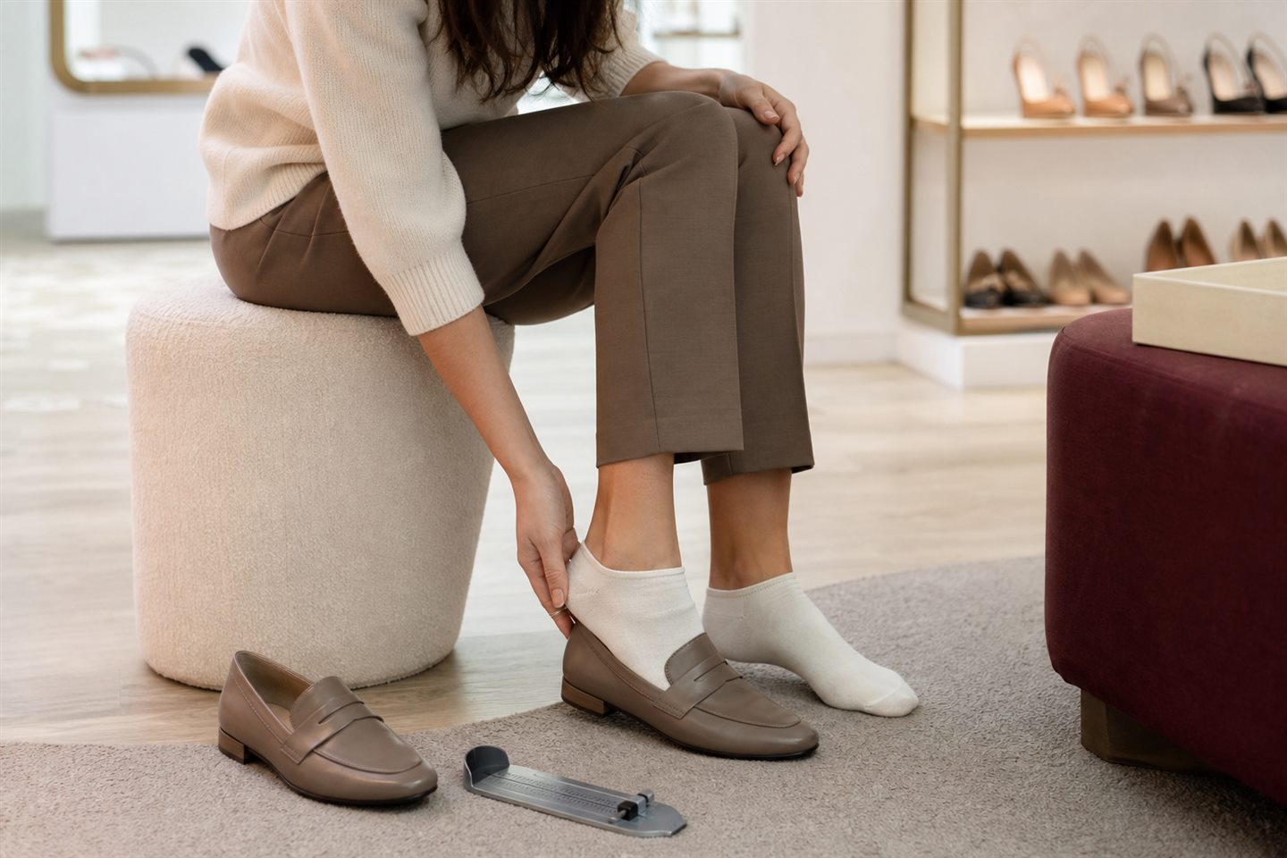 Woman checking the heel fit of a taupe loafer