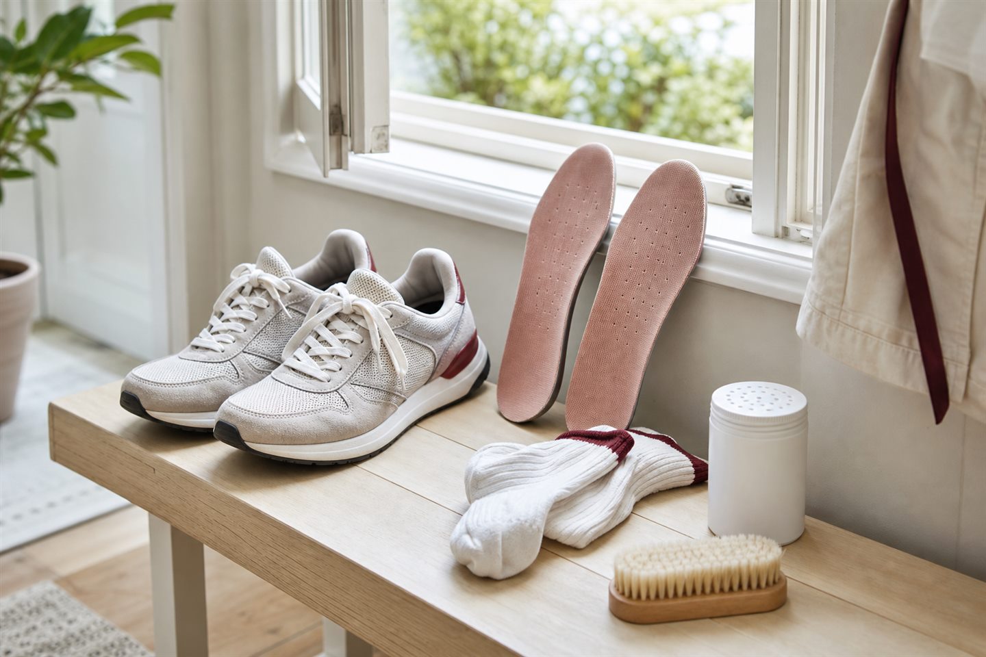 Clean sneakers, removable insoles and fresh socks airing beside an open window