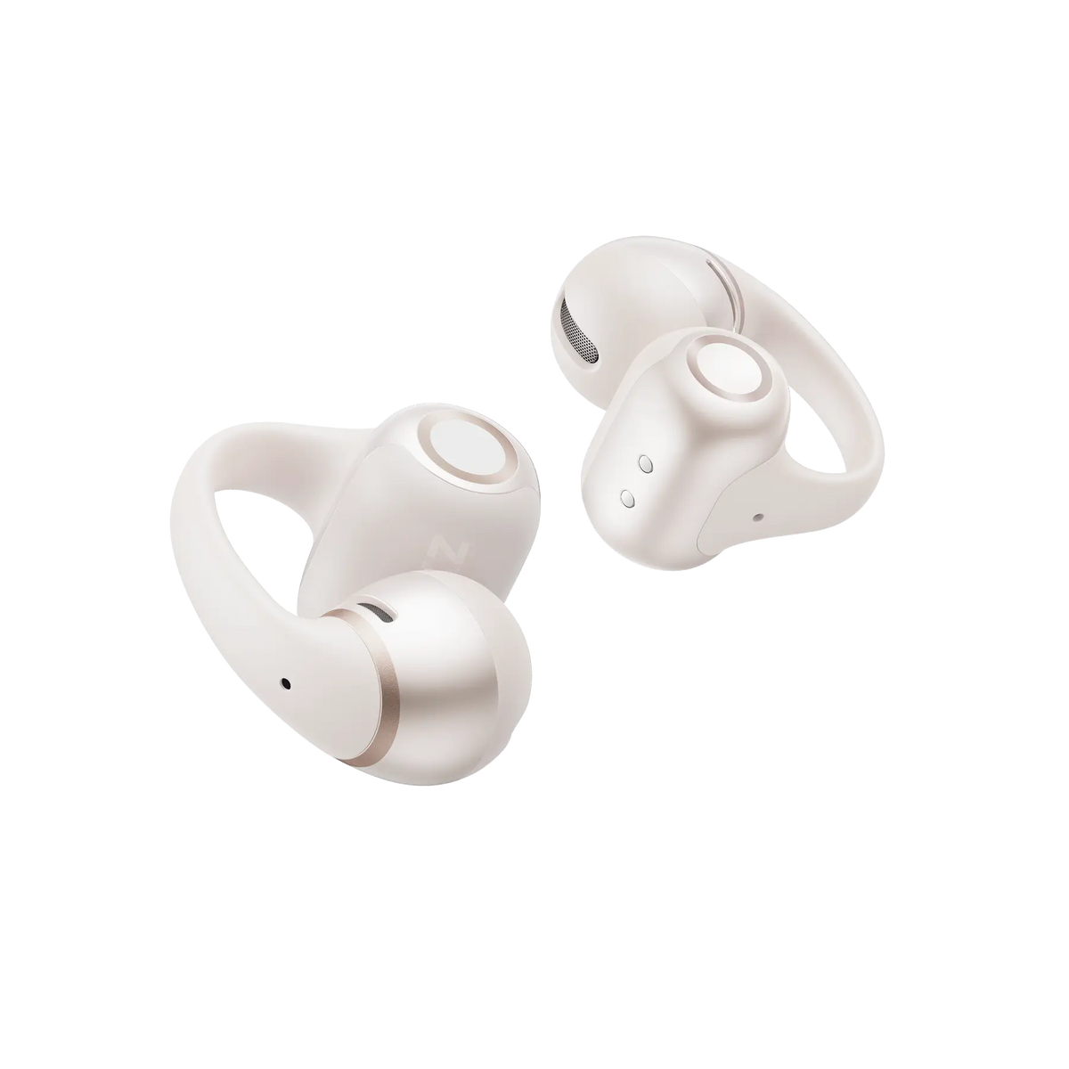 Pearl white Shokz OpenDots 2 earbuds showing the flexible clip-on design