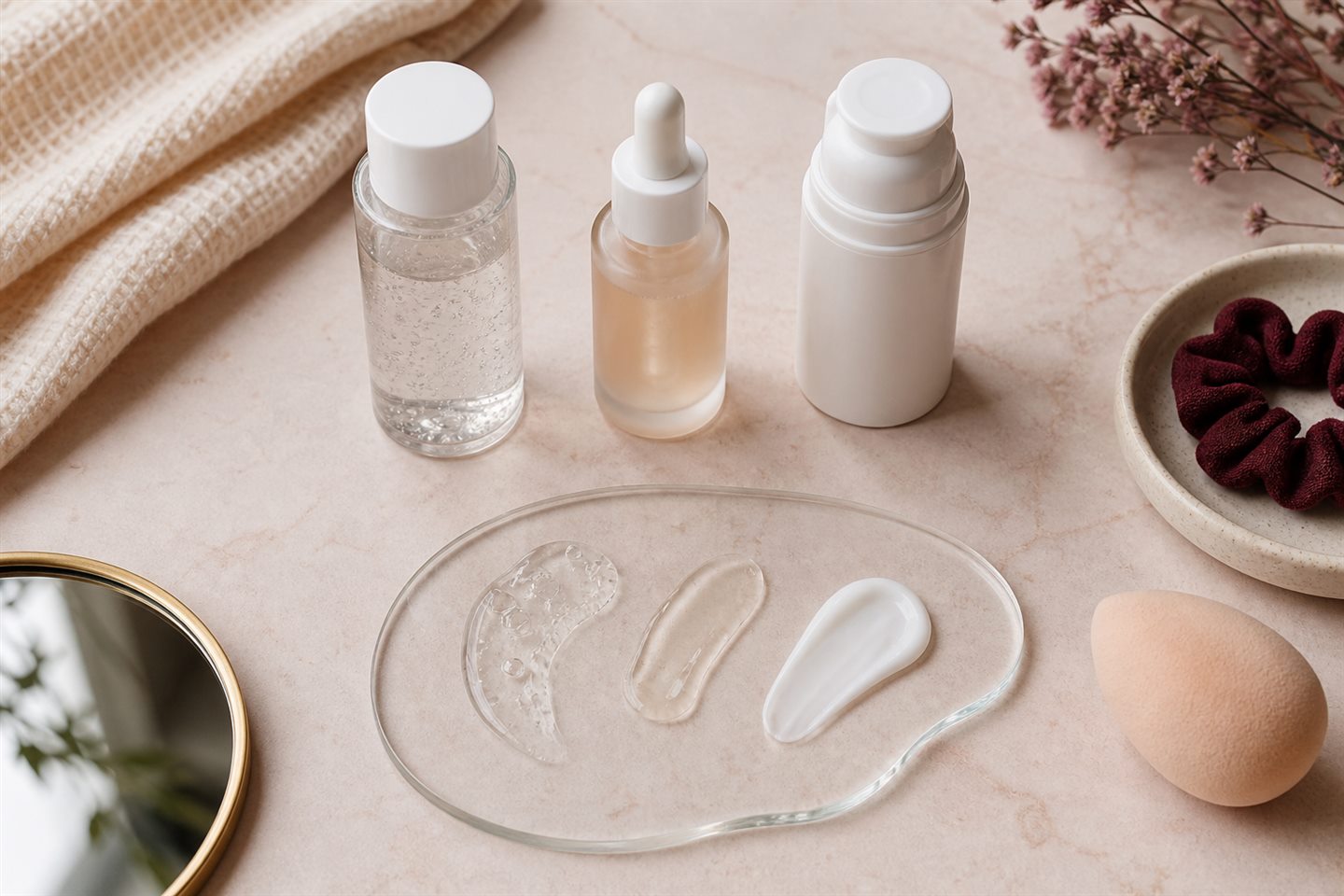Skincare textures and simple bottles arranged for a morning layering routine