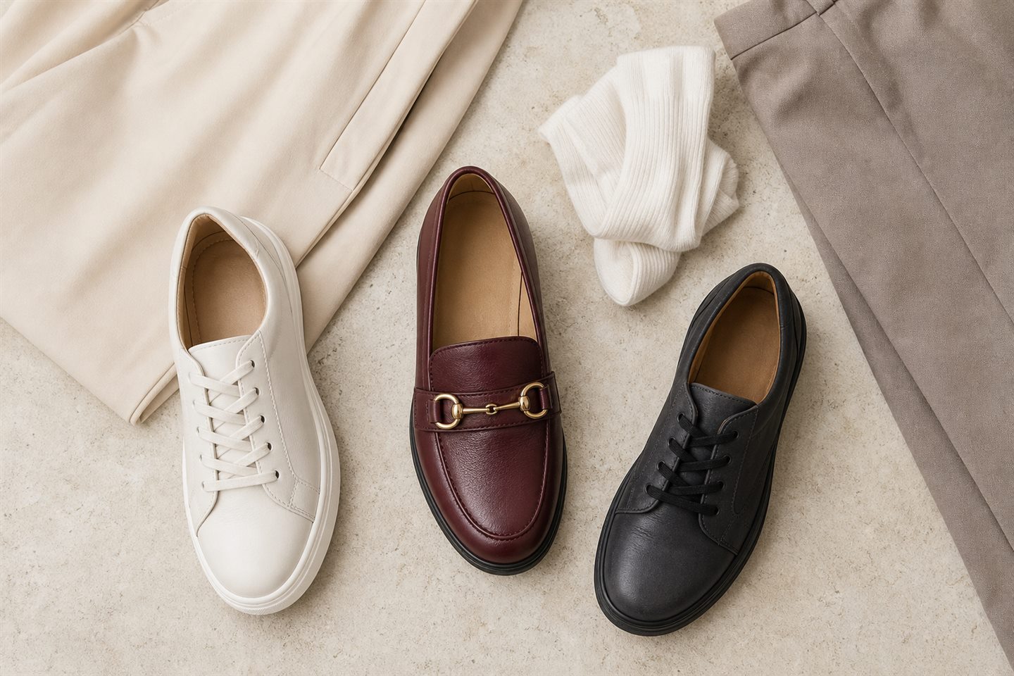 Supportive work shoes and sneakers arranged for a long day