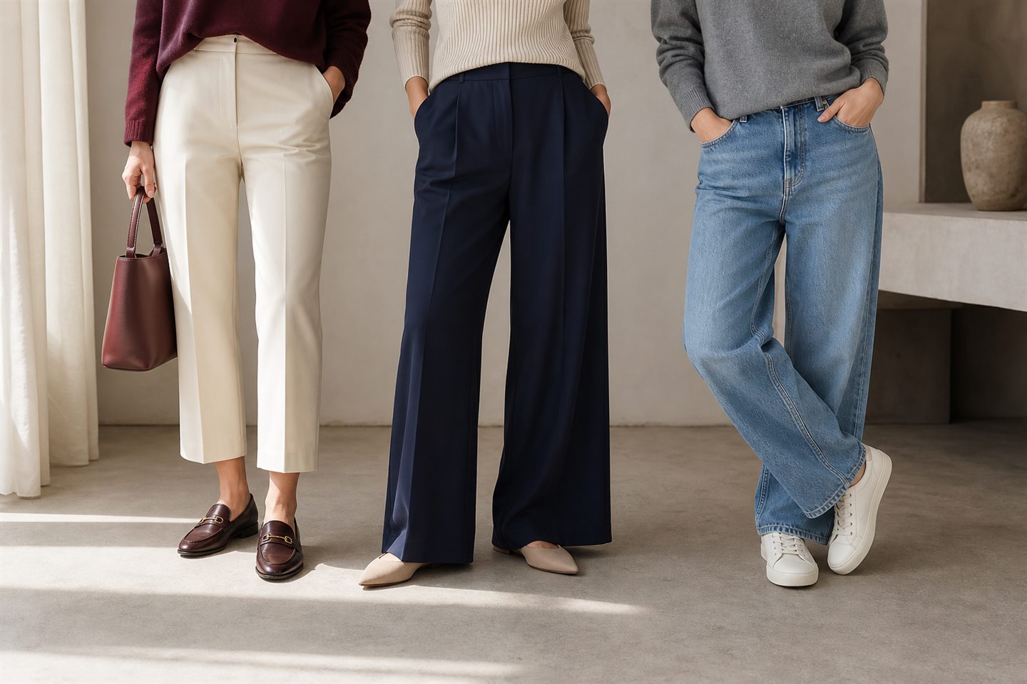 Three trouser lengths paired with loafers, pointed flats and clean sneakers