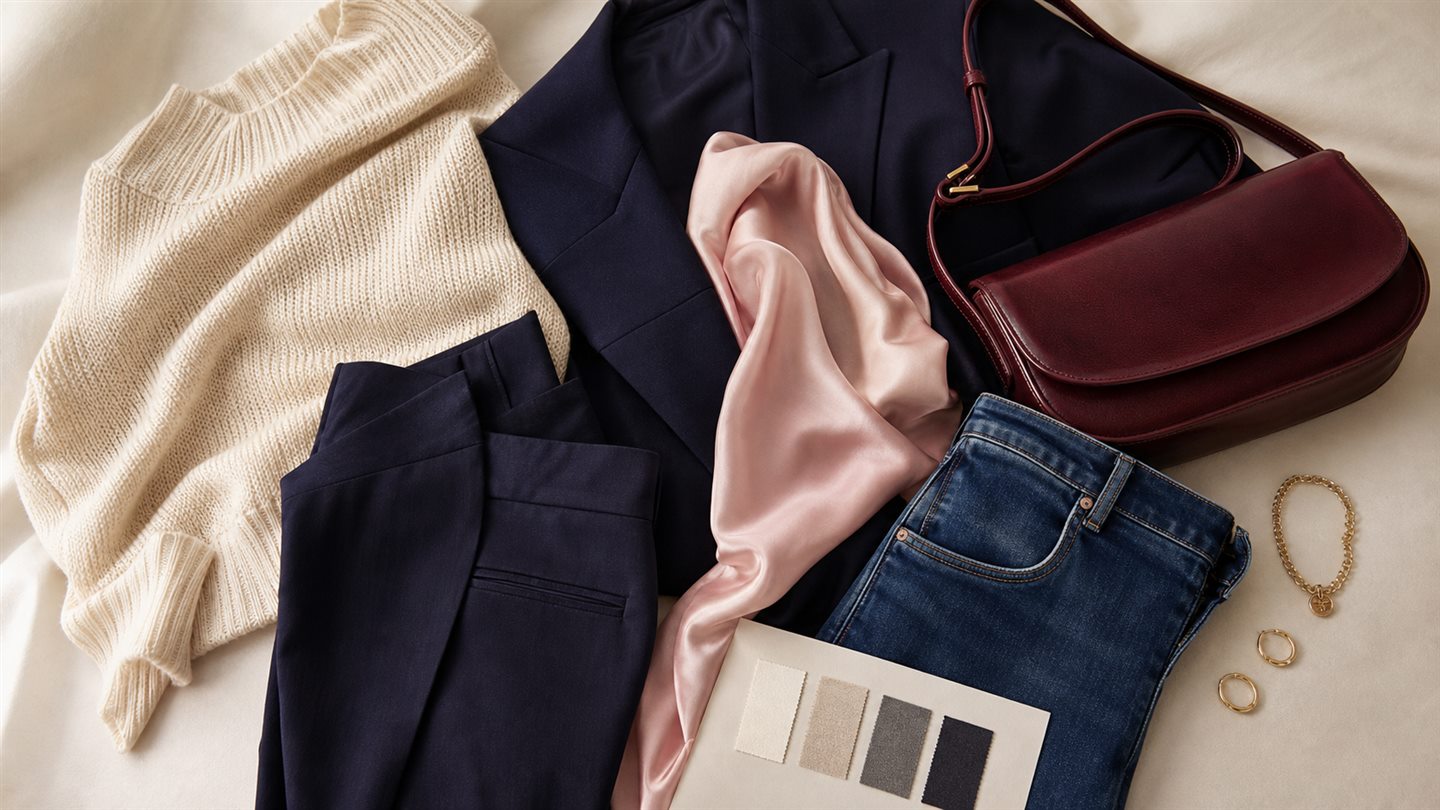 Cream, burgundy, navy and soft pink wardrobe pieces arranged as a cohesive color palette