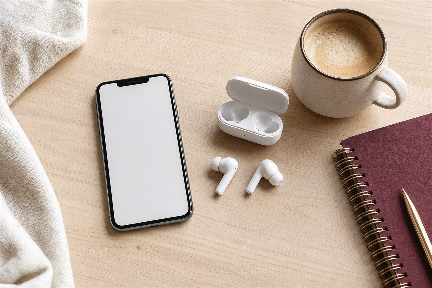 Unbranded wireless earbuds, charging case, phone, notebook and coffee on a pale wood desk