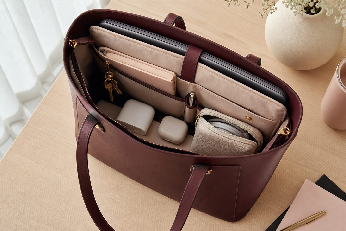 Open work tote packed with a laptop, charger, earbuds, cable pouch and notebook