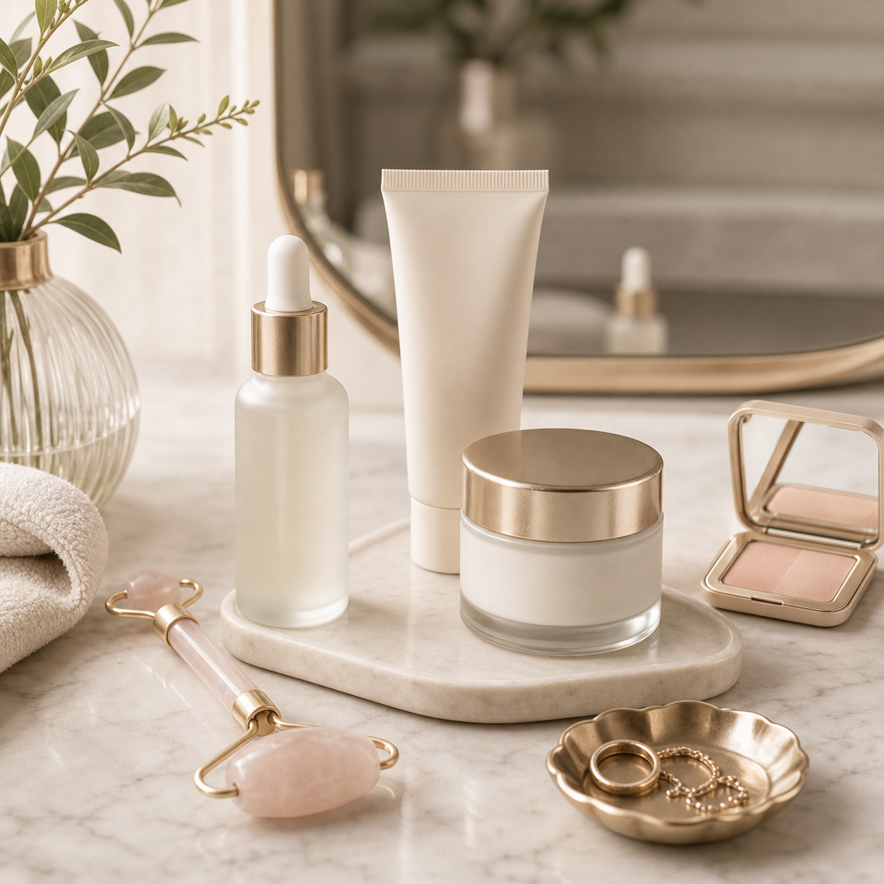 Skincare and beauty bottles on a vanity